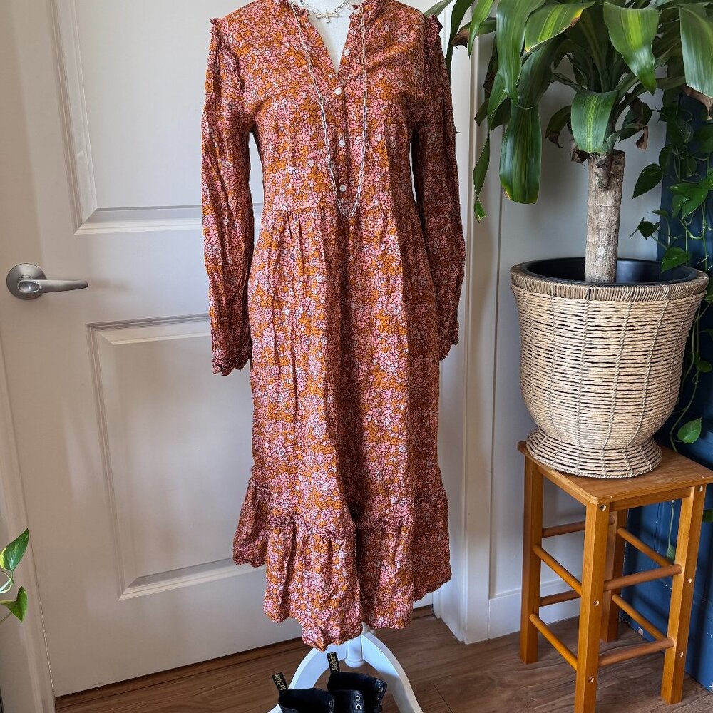 Boho Cottagecore Floral Prairie Midi Dress Romantic Fall Small